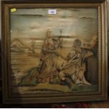 A Victorian silkwork picture depicting two figures by the Nile, a boat beyond, 42 x 43 cm