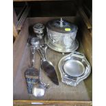 A silver plate biscuit box and miscellaneous plated wares