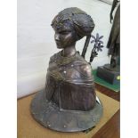 An Art Nouveau bronzed finish bust of a young woman with intricate metal detailing and faux gems,