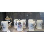 A set of seven Crown Devon tankards, each depicting a day of the week, 14 cm high, and a German