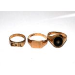 Three gentleman's 9ct gold signet rings, one set with black onyx and a small diamond