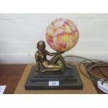 An Art Deco style bronzed and gilded metal table lamp, in the form of a nude holding a globe on