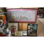 A Chinese silk picture of elders taking tea under bamboo, 41 x 107 cm, and various other Oriental