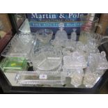 Various glass dressing table and dinner table dishes, jugs and salts