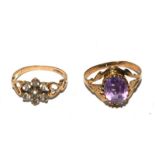 A 9 carat gold ring set with amethyst together with a 9 carat gold ring set with paste stones