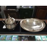 An Elkington & Co silver plated basket, an Elkington & Co lidded two handled bowl inscribed Ellan
