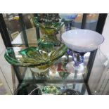 A Murano green and yellow flamiform bowl, 32cm wide and an iridescent tazza centrepiece 18cm high (