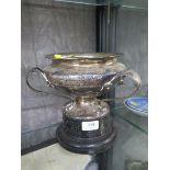 An Arts and Crafts silver trophy cup and stand for greyhound racing at Harringay 1968 by Walker &