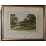 G. Hudson Landscape with a stream and distant cows grazing watercolour signed, inscribed on the