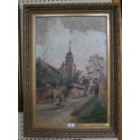 Charles J. Lauder R.S.W. Figures on a lane before a church oil on canvas signed 61 x 40 cm