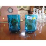 A pair of Whitefriars glass cylindrical vases, in kingfisher blue with applied green spots, 15.5