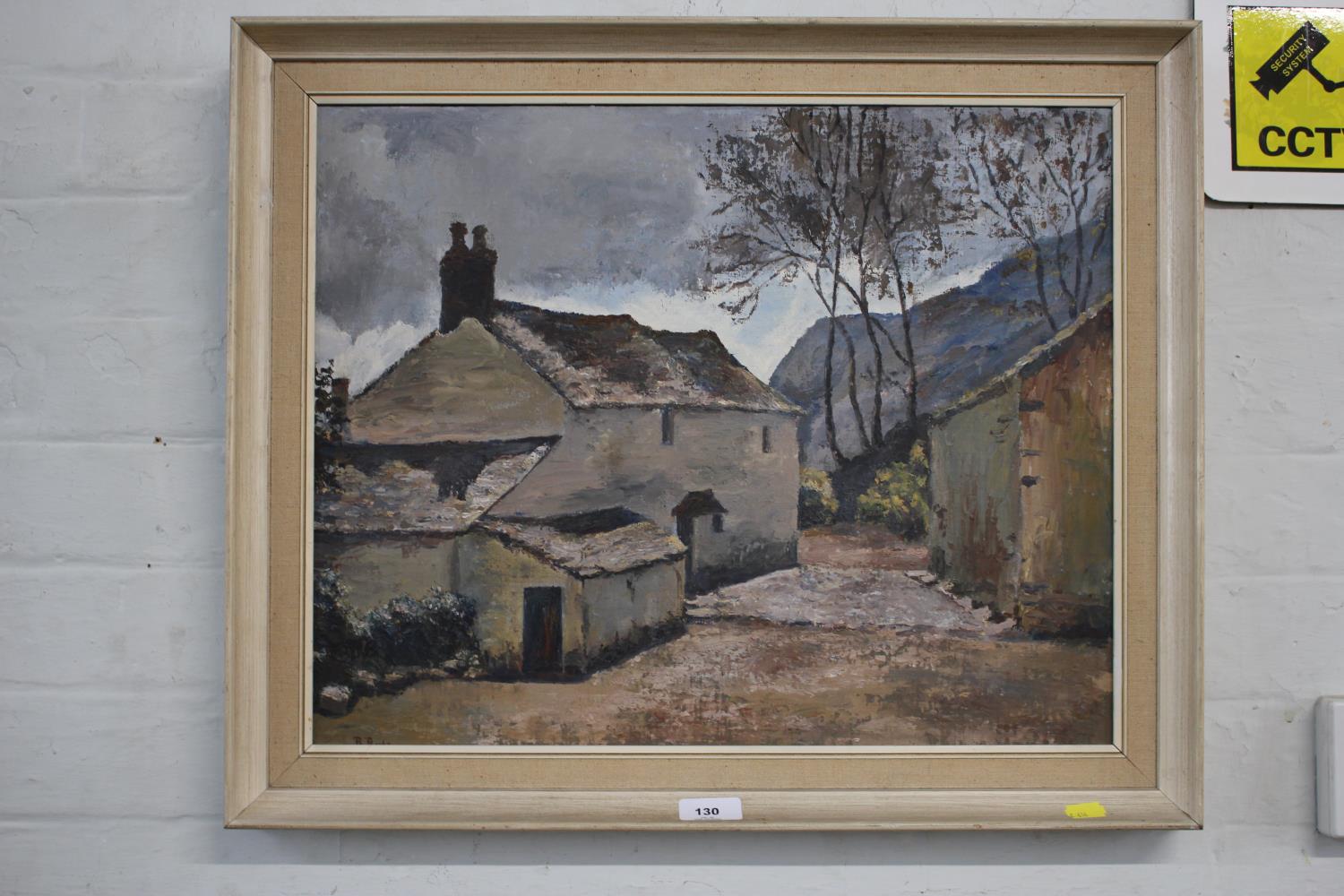 R. Borsey Old Cottages, Lowerswater oil on board initialled and dated 1963, Reading Guild of Artists