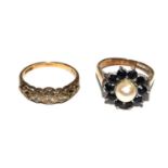 A 1930s three stone diamond ring set in 9 carat gold, a pearl and sapphire cluster ring set in 9