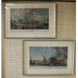 After Samuel Scott Views of London Bridge and Westminster Bridge Later hand coloured engravings 33 x