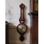 A 19th century mahogany banjo barometer, the shaped case holding an alcohol thermometer, and