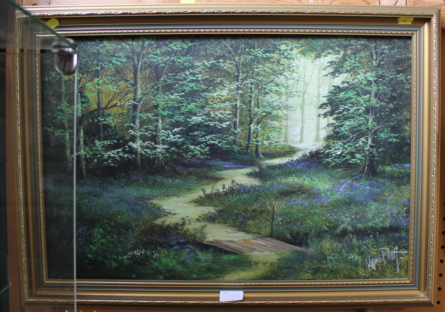 Kevin Platt Bluebell woods acrylic on canvas 40 x 60 cm and another of Daffodil woods, signed