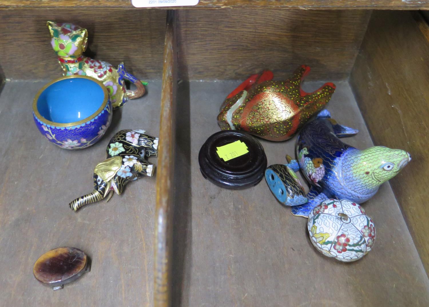 Seven pieces of cloisonne including animal figures and other ornaments