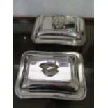 A pair of silver plated rectangular entree dishes, with ribbon-tie banding, engraved with two