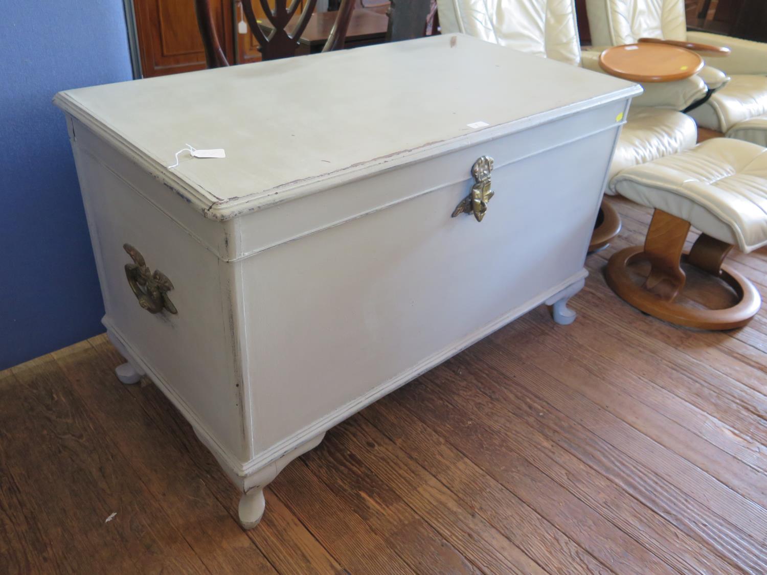 A painted 'Blignaut' chest, the hinged lid attached to a rising tray over brass twin handles, on