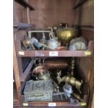 Various brassware and copperwares including candlesticks, trivets etc. (2 trays)