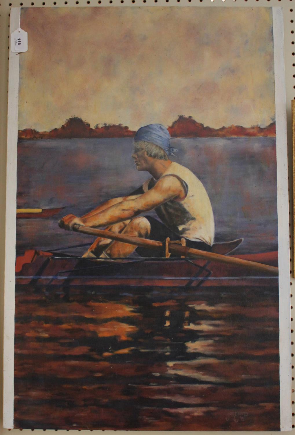Jon Evans Sculling oil on canvas signed and dated '95 labelled on the reverse, 'Painted by Jon Evans