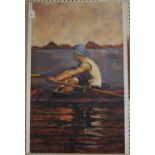 Jon Evans Sculling oil on canvas signed and dated '95 labelled on the reverse, 'Painted by Jon Evans