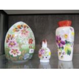 A hand painted Victorian opaline glass lamp shade and two opaline glass vases