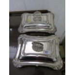A pair of silver plated rectangular entree dishes, with gadrooning and shell motifs (2)