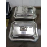 A pair of silver plated entree dishes, of concave rectangular form with gadrooned edge (2)