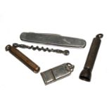 A perfume bottle corkscrew, a whistle, a cigar piercer, a retractable pencil and a penknife