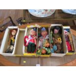Eight Pelham Puppets, including 'King' in original box, Queen, clown, small boy, small dragon, and