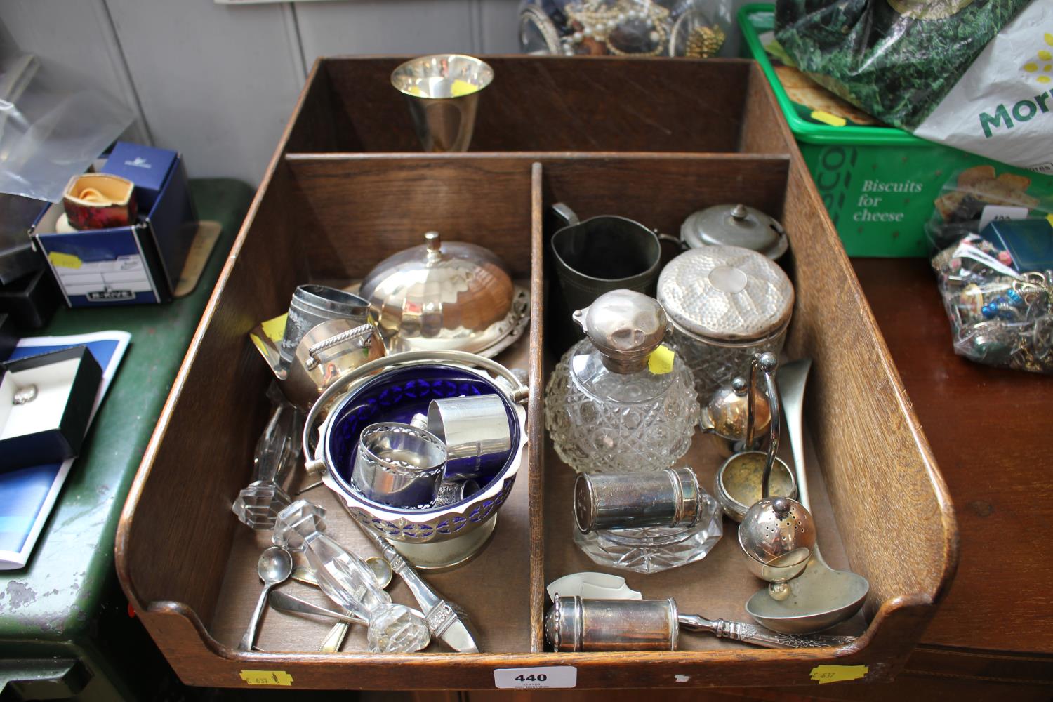 A silver RAF napkin ring, a silver vesta case and dressing table jars(as found), silver thimbles and