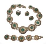 A Chinese white metal and turquoise jewellery set, comprising necklace, earrings, ring and bracelet