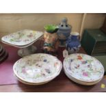 A set of five Folch's Stone China plates, moulded with wreaths and enamelled with exotic birds and