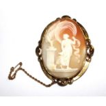 A large shell cameo brooch depicting a Grecian lady holding a snake whilst watching a fox, the cameo