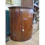 An early 19th century boxwood inlaid mahogany bowfront corner cupboard, with three shelves, 84 cm