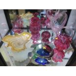 A Murano glass tri-colour bowl, other Murano glass, and cranberry glass wares