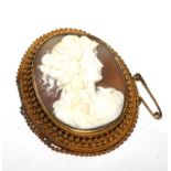 A Victorian shell cameo carved to depict a Grecian lady set in a gold colour frame