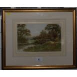 G. Hudson Landscape with a stream and distant cows grazing watercolour signed, inscribed on the