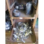 Two trays of silver plate, including three piece tea set, coffee pot, and cutlery