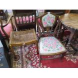 Inlaid occasional chair together with a walnut framed stool with caned seat