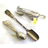 Six silver teaspoons, a silver cheese scoop and a small collection of tea and coffee spoons