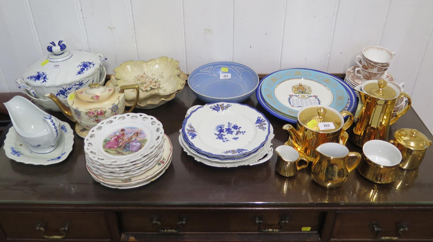 A Langley Pottery blue fruit bowl, Meissen style table wares, Royal Worcester gilt tea wares and