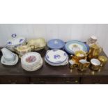 A Langley Pottery blue fruit bowl, Meissen style table wares, Royal Worcester gilt tea wares and
