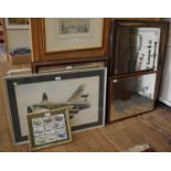 Two brewery trade mirrors, another for a pewterers, a watercolour of a Lancaster bomber, and a frame