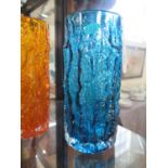 A Whitefriars glass bark effect cylindrical vase, in kingfisher blue, 23.5 cm high