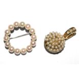 A round pearl brooch, and a seed pearl pendant (2)