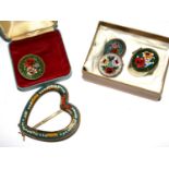 A collection of three Italian micromosaic flower design brooches, a pill box and a heart shaped