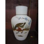 A white opaline glass vase, decorated with a hand painted study of a Great Spotted Woodpecker, 19.