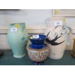 A Kensington Ware turquoise jug, 22.5 cm high, a Doulton Slaters vase, and another vase decorated